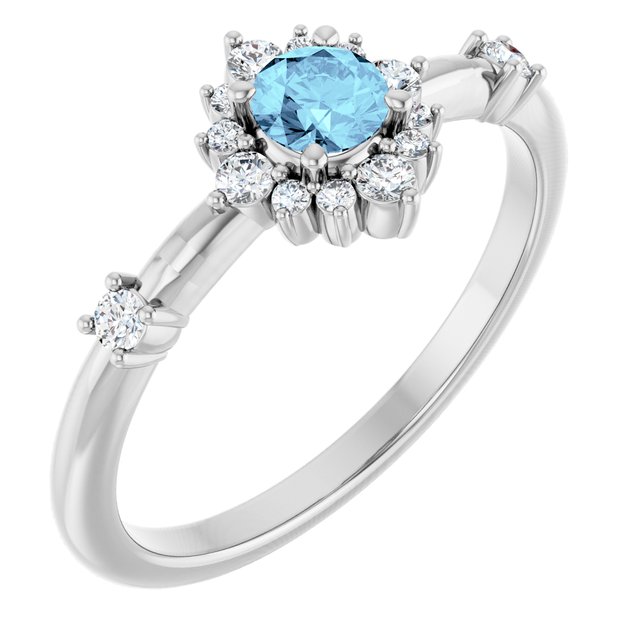 14K White Natural Aquamarine & 1/6 CTW Natural Diamond Halo-Style Ring 